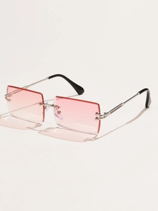 Detail of rimless square sunglasses with pink gradient lenses and silver metal temples