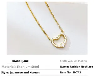 Detail of titanium steel heart necklace with cubic zirconia and vacuum gold plating