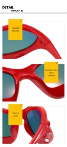Macro detail of red Y2K sports sunglasses showing hinges, nose pads, and curved legs