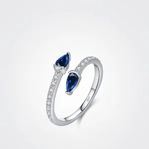 925 Sterling Silver Adjustable Open Ring For Women With Blue Pear Cut Zircon And Cubic Zirconia Minimalist Jewelry