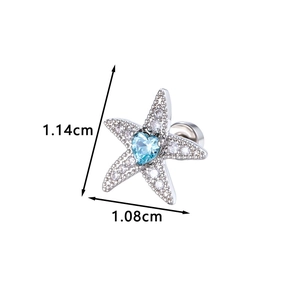 Starfish cartilage stud earring in silver metal with blue heart zircon and pavé crystals