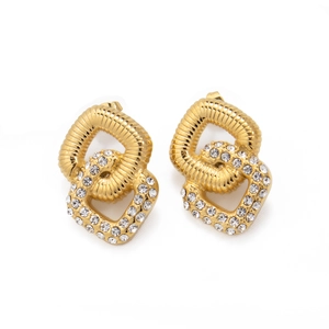18K gold plated stainless steel interlocking earrings with zircon stones on white backdrop