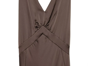 Detailed close-up of dark coffee satin dress featuring V-neckline and elegant pleats
