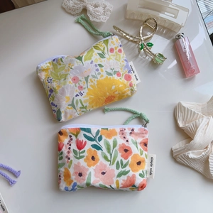 Floral cotton mini storage pouch set with sunflower print and zipper closure