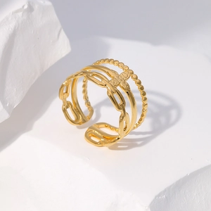 Detailed close-up of a three-layer 18K gold plated stainless steel adjustable ring