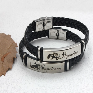 Geflochtene Herren-Lederarmbänder mit Sternzeichen Wassermann und Steinbock aus Edelstahl