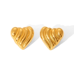 18k gold plated stainless steel heart stud earrings with minimalist striped texture