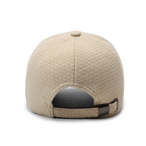 Rear view of beige textured baseball cap with adjustable metal buckle and woven fabric