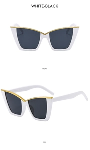 Front and side views of white cat-eye sunglasses with gold metal trim and black lenses