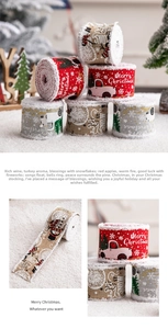 Close-up of Christmas decorative ribbons with snowflake patterns and white plush trim