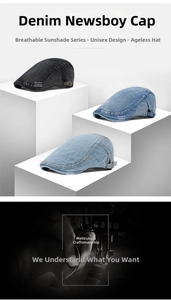 Detailed comparison of washed denim flat caps in black, navy, and light blue colors