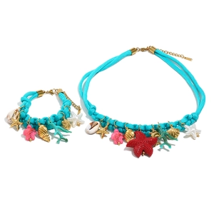 Blue woven nautical necklace and bracelet set with 18K gold starfish sea turtle charms
