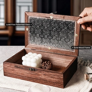 Vintage wooden storage box with begonia patterned glass lid and retro metal clasp