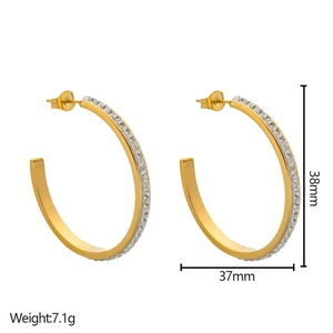 Polished gold-plated C-shaped hoop earrings with sparkling zircon inlay, 38mm size