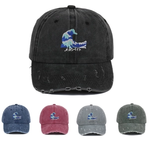 Casquette vintage en coton délavé avec broderie vague japonaise en cinq couleurs