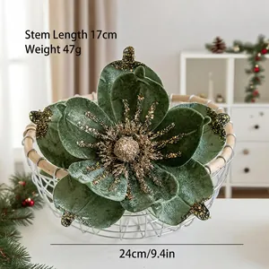 Close-up of 24cm dark green velvet Christmas magnolia flower with gold glitter edges