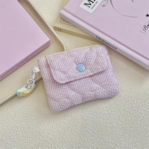 Pink quilted checkered card holder with blue snap button and cute bear pendant detail