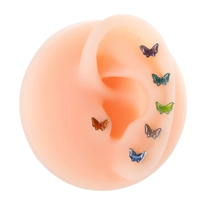 Colorful butterfly titanium steel cartilage studs set with screw backs in vibrant enamel