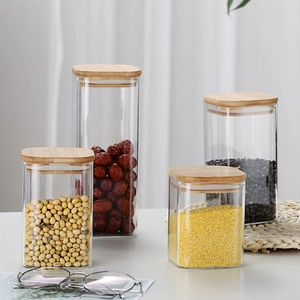 Borosilicate glass storage jars with bamboo lids for food organization in various sizes