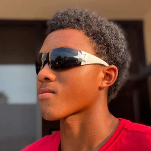 Y2K style white pilot sunglasses with dark lenses and silver star detail on side