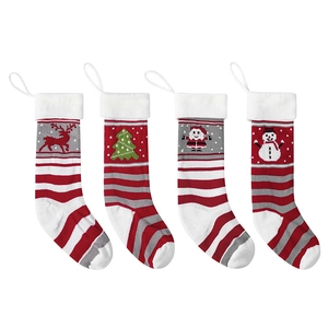 Set of 4 large knitted Christmas stockings with reindeer, Santa, and tree designs