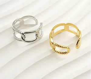 Macro detail of geometric link open rings in 18k gold and silver stainless steel finish