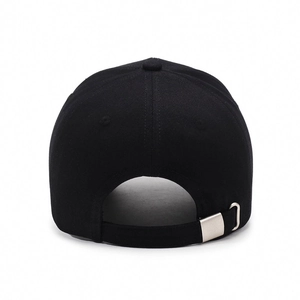 Classic black baseball cap rear view showing 6-panel design and adjustable metal strap buckle