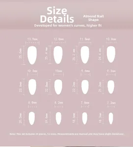 Detailed size chart for almond-shaped press-on nails featuring 24 pieces in 12 sizes