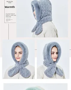 Detail of blue polka dot knit hat with plush faux fur lining and windproof earflaps