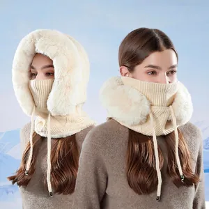 Women Winter Balaclava Hat Knitted Faux Fur Lined Warm Windproof Integrated Hood Mask Scarf Outdoor Neck Warmer Casual