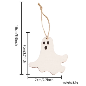Halloween ghost wooden hanging decoration with twine rope and black facial expression
