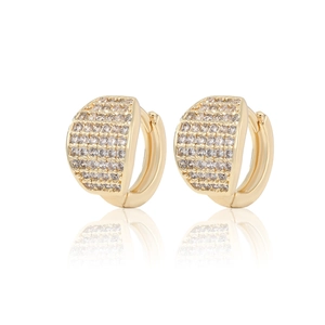Close-up of 14K gold plated hoop earrings featuring five rows of micro-pave cubic zirconia