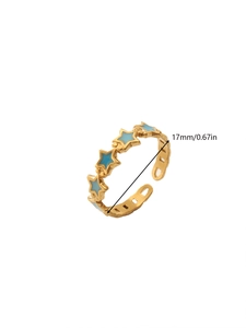 Detail shot of golden adjustable ring with blue star enamel and 17mm size marking