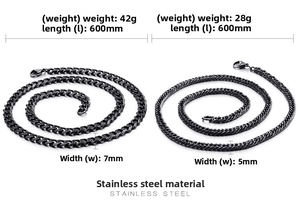 Detail of 5mm and 7mm black curb chain necklaces in stainless steel with 600mm length