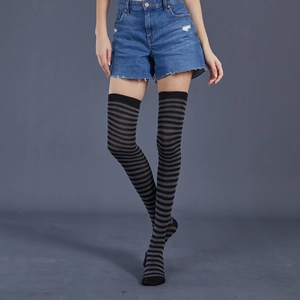 Detailed close-up of black and grey striped over-the-knee socks showing the knit texture