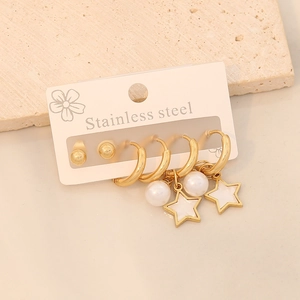 Lot de 3 paires de boucles d'oreilles en acier doré avec perles blanches et étoiles