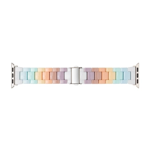 Colorful resin band for Apple Watch featuring pastel macaron link sections and silver buckle