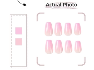 Detail of short ballet-style gradient pink press-on nails with high-gloss finish