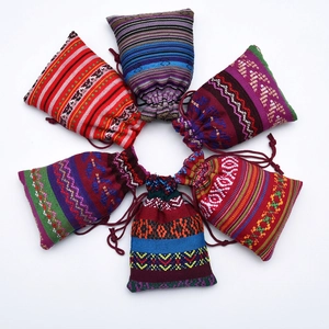 Ethnic style cotton linen drawstring pouches in six various colorful woven patterns