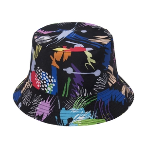 Chic black bucket hat with vibrant colorful graffiti patterns and full print design