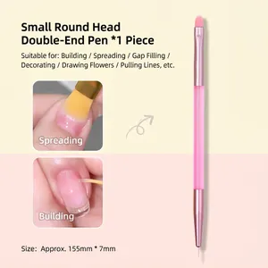 Dual-ended pink nail brush macro detail showing builder gel tip and fine liner for nail art