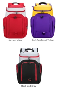 Three large sports backpacks in red, purple, and grey color combinations on white background