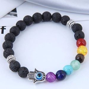 Lava stone hamsa hand bracelet with evil eye and seven chakra beads for unisex fashion
