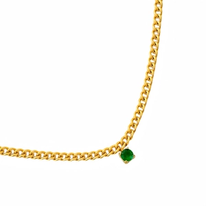 Detail of 18k gold plated Cuban chain necklace with a round green zircon stone setting