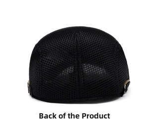 Back view of a black mesh beret cap featuring vintage metal adjustment buckles