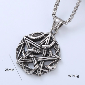 Macro shot of Viking medallion necklace with pentagram and snake relief, 28mm diameter