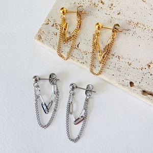 Minimalist double layer chain tassel earrings in 18k gold and silver stainless steel