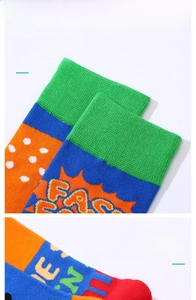 Detail of elastic cuff and non-slip heel on cotton burger pattern crew socks