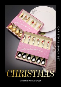 Close-up of 6-piece 304 stainless steel Christmas dessert spoons set in a pink gift box