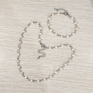 Minimalist freshwater pearl necklace and bracelet set with silver adjustable chain